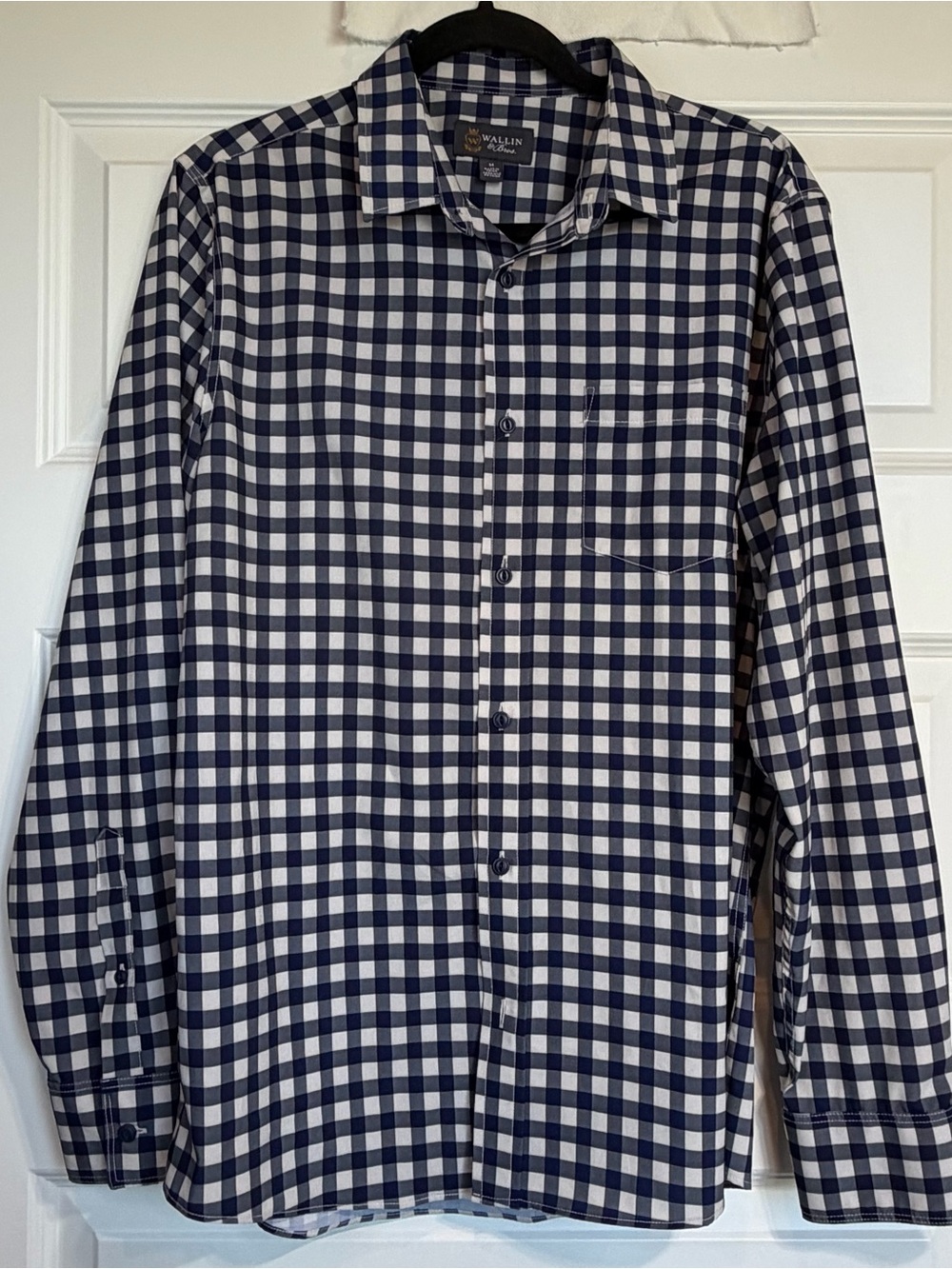 Wallin & Bros Men’s Medium Navy Gingham Check Button Down Shirt Stretch 1118